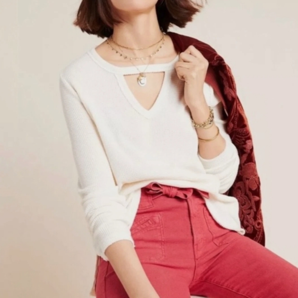 Anthropologie T.la Off White Waffle Knit Longsleeve Tunic Nadia Cut Out Top XS
